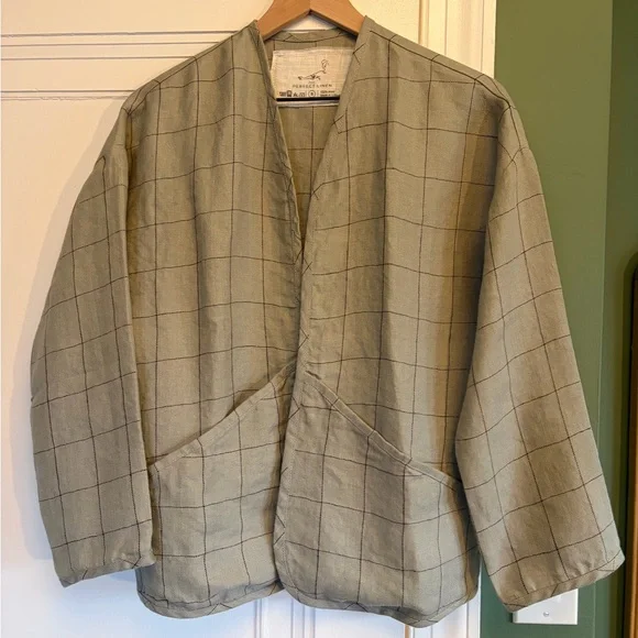 notPERFECTLINEN Linen Copenhagen Throw-On Jacket in Herringbone Grey Checks - Picture 4 of 7